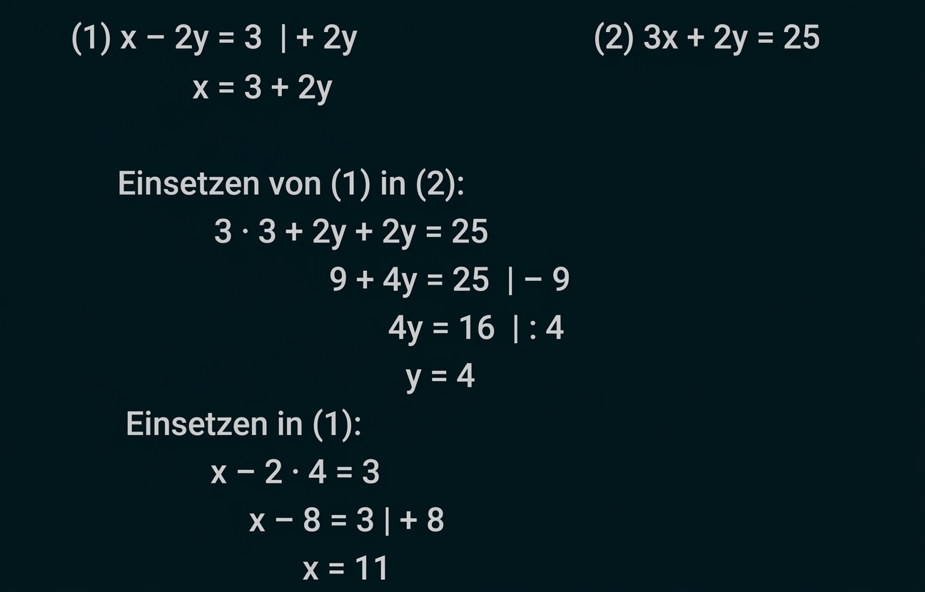 Mathematiklösung mit Gleichungssystem und Einsetzungsmethode auf Deutsch.